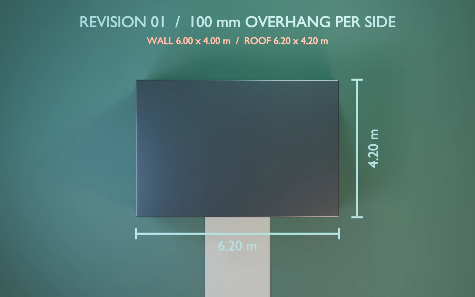 Synthetic R01 inspection render, baked as REVISION 01. The corrected 6.2 by 4.2 metre roof provides a 0.1 metre overhang per side. Not construction-ready.